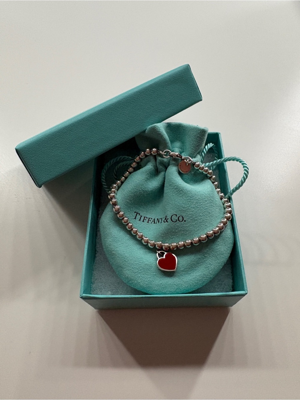 Tiffany & Co. Red heart Tag bracelet with Diamond Gift Bag and Drawstring Pouch
